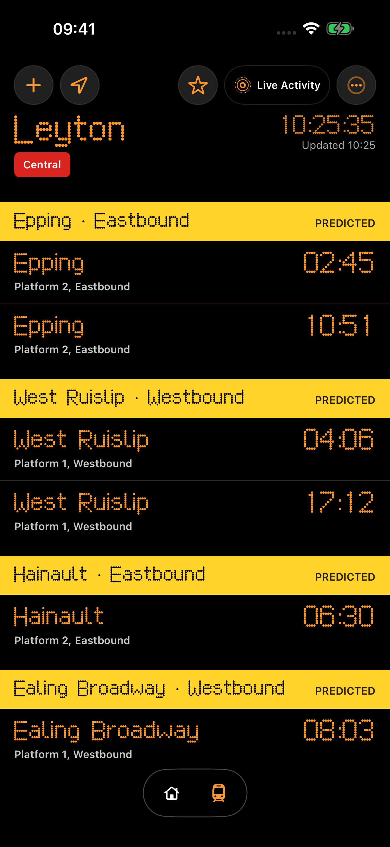 TubeBoard By destination layout at Leyton, showing destinations, platforms and countdowns