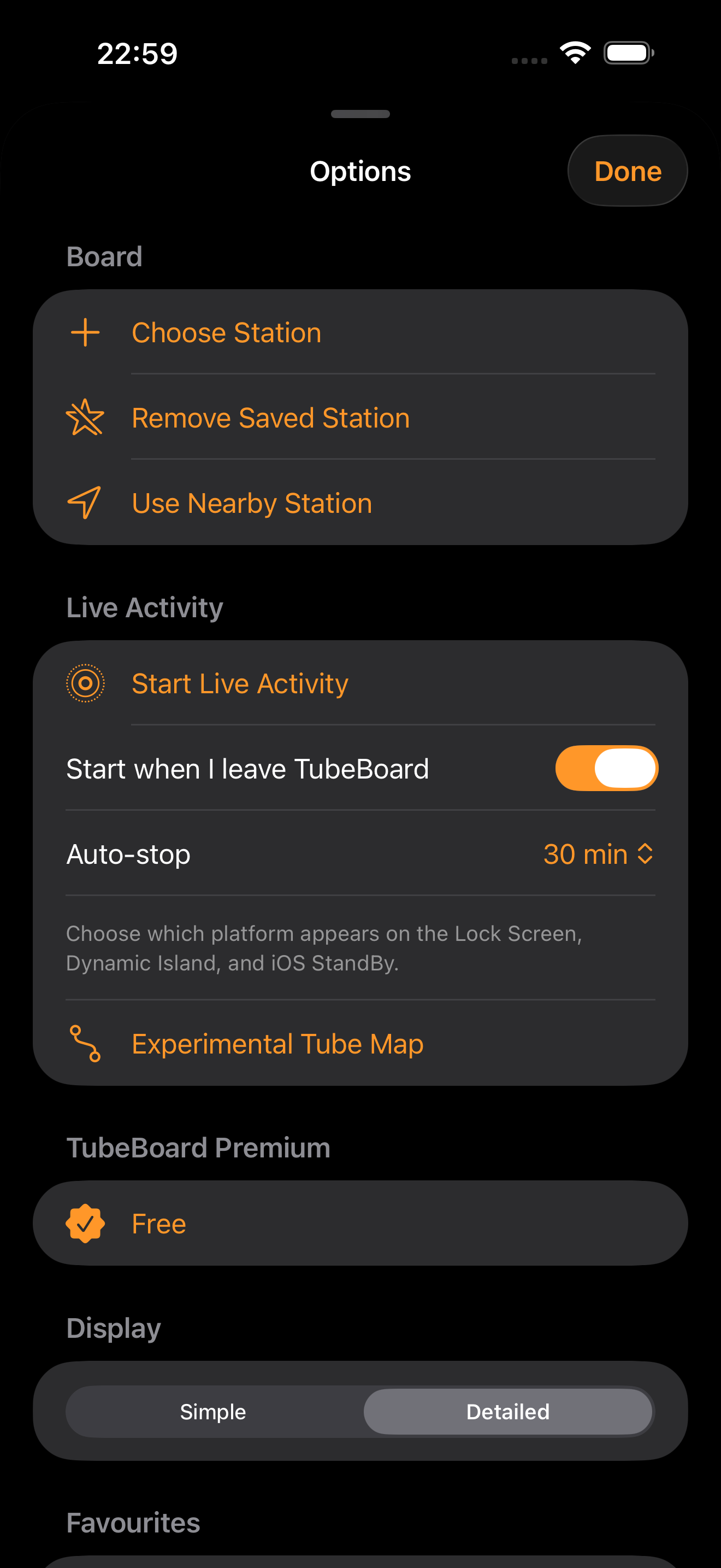 TubeBoard Detailed mode showing train identifiers and live locations for Central line departures