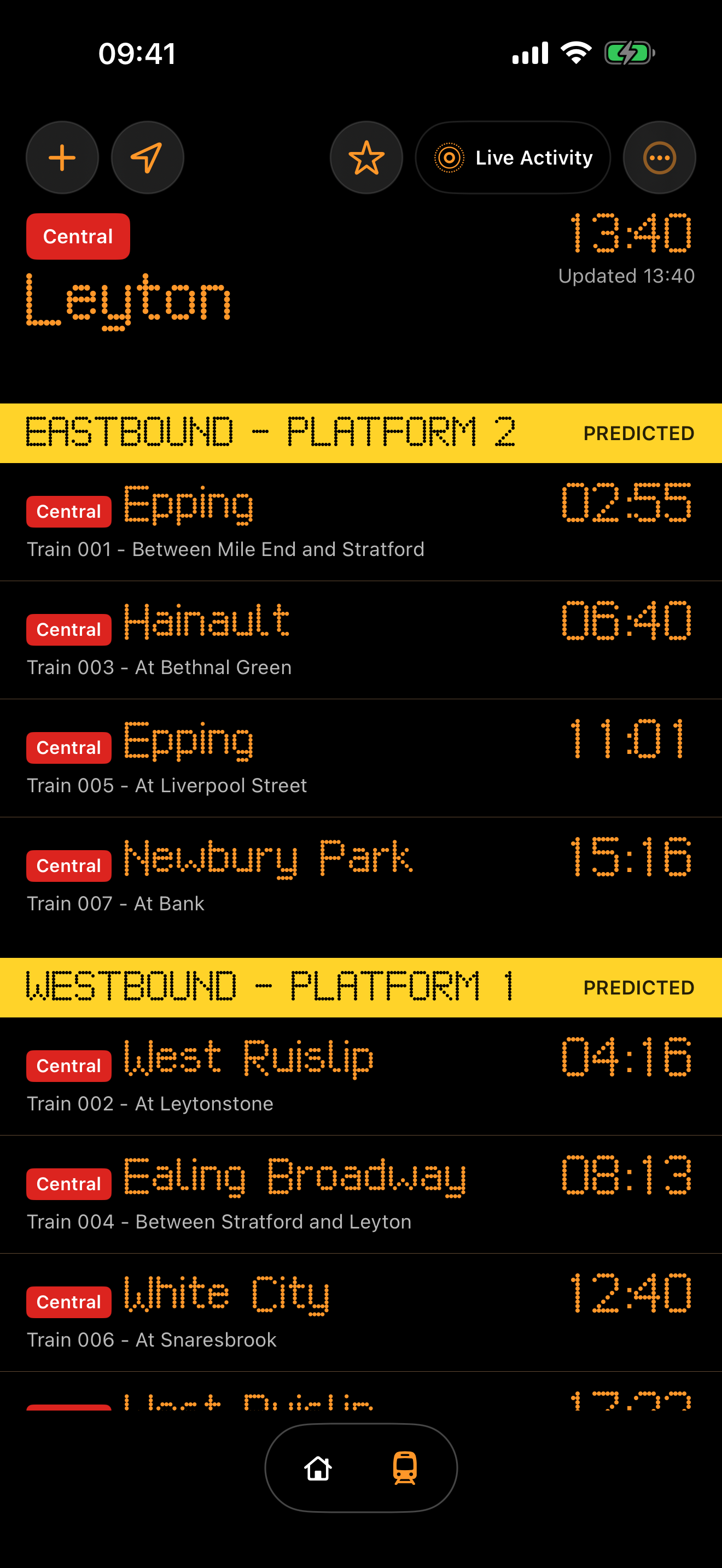 TubeBoard Detailed mode showing train identifiers and reported locations for Central line departures