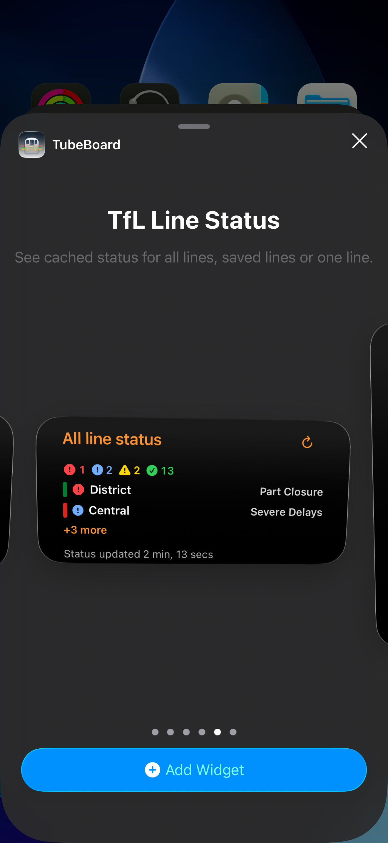 The native iPhone WidgetKit gallery showing TubeBoard line status and freshness
