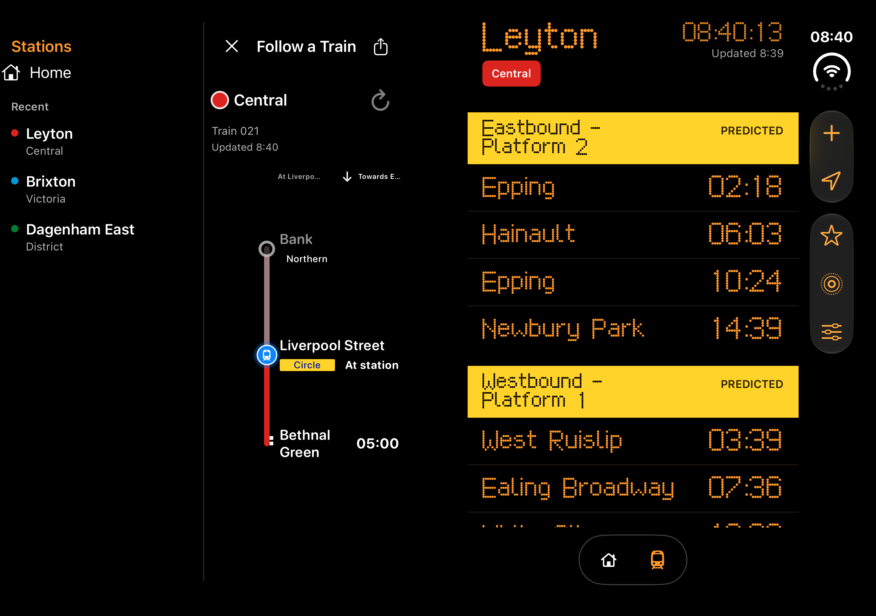 TubeBoard on iPhone Duo with Stations, the Leyton departure board and Premium Follow a Train visible together