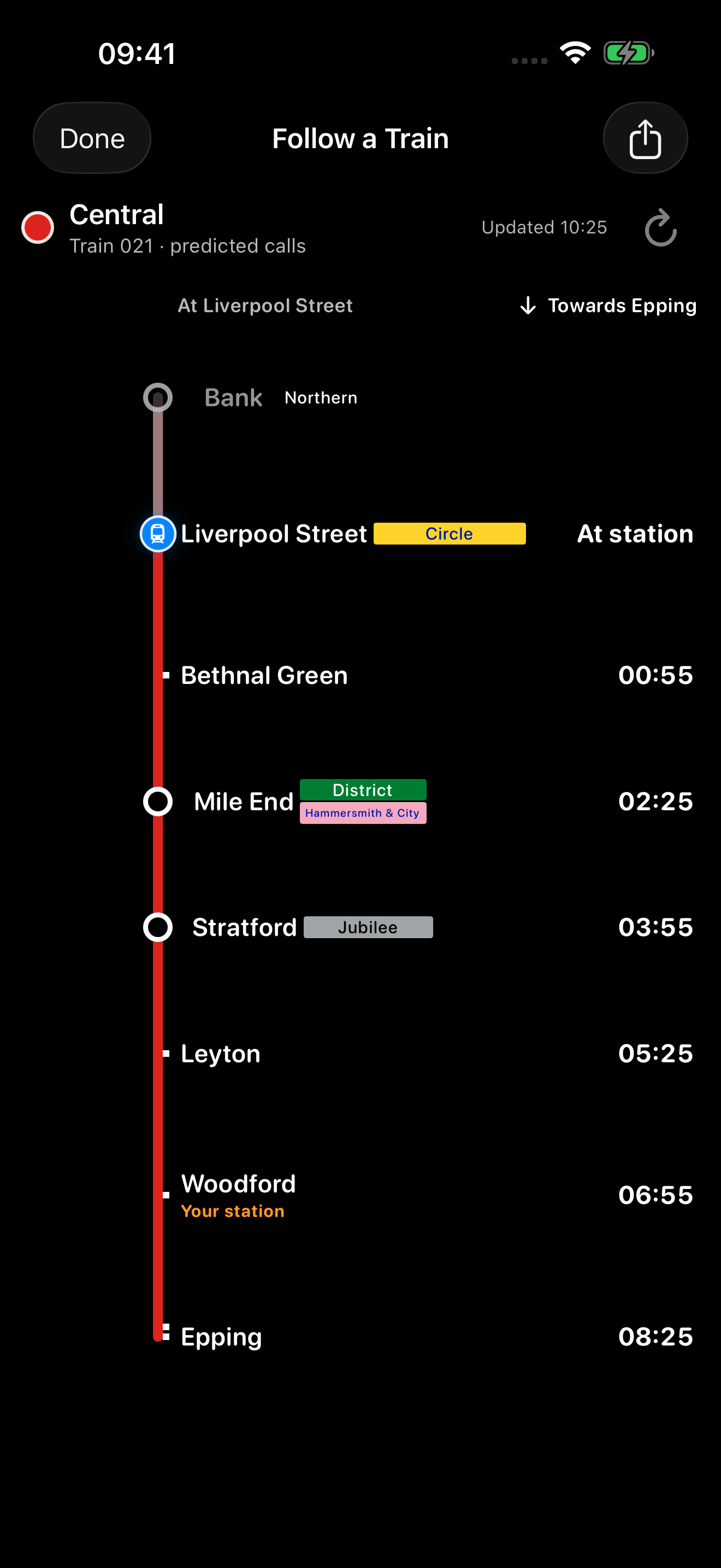 TubeBoard Follow a Train showing route context, a train marker and available countdowns