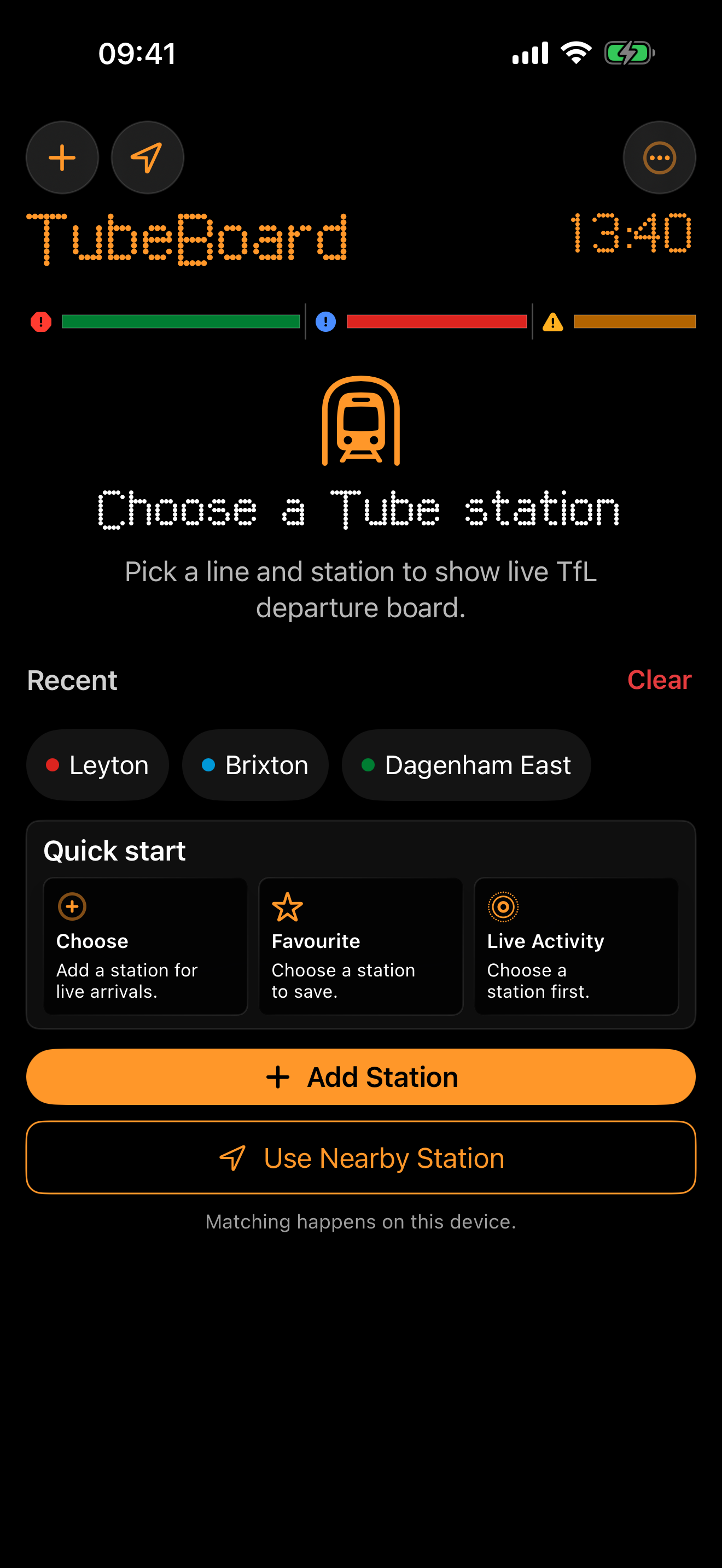 TubeBoard Home showing the Tube status rail, recent stations and quick actions