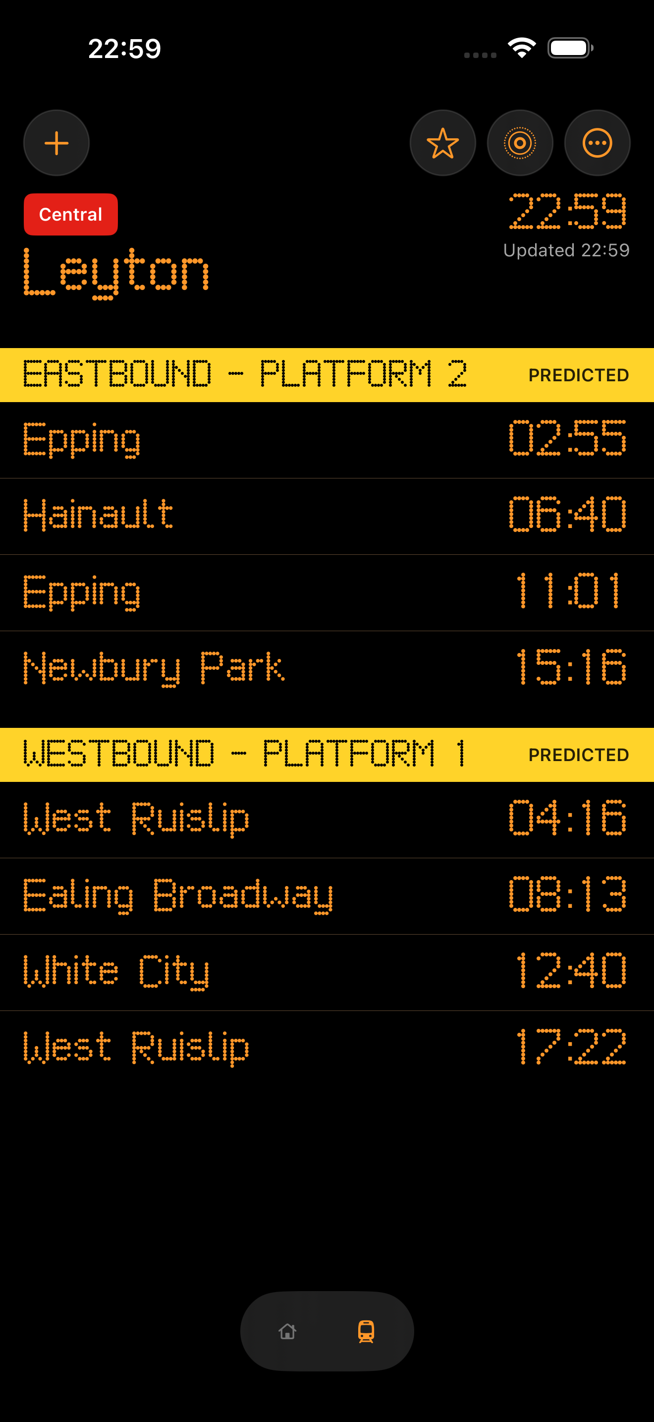 TubeBoard showing Central line departures at Leyton, grouped by eastbound and westbound platforms
