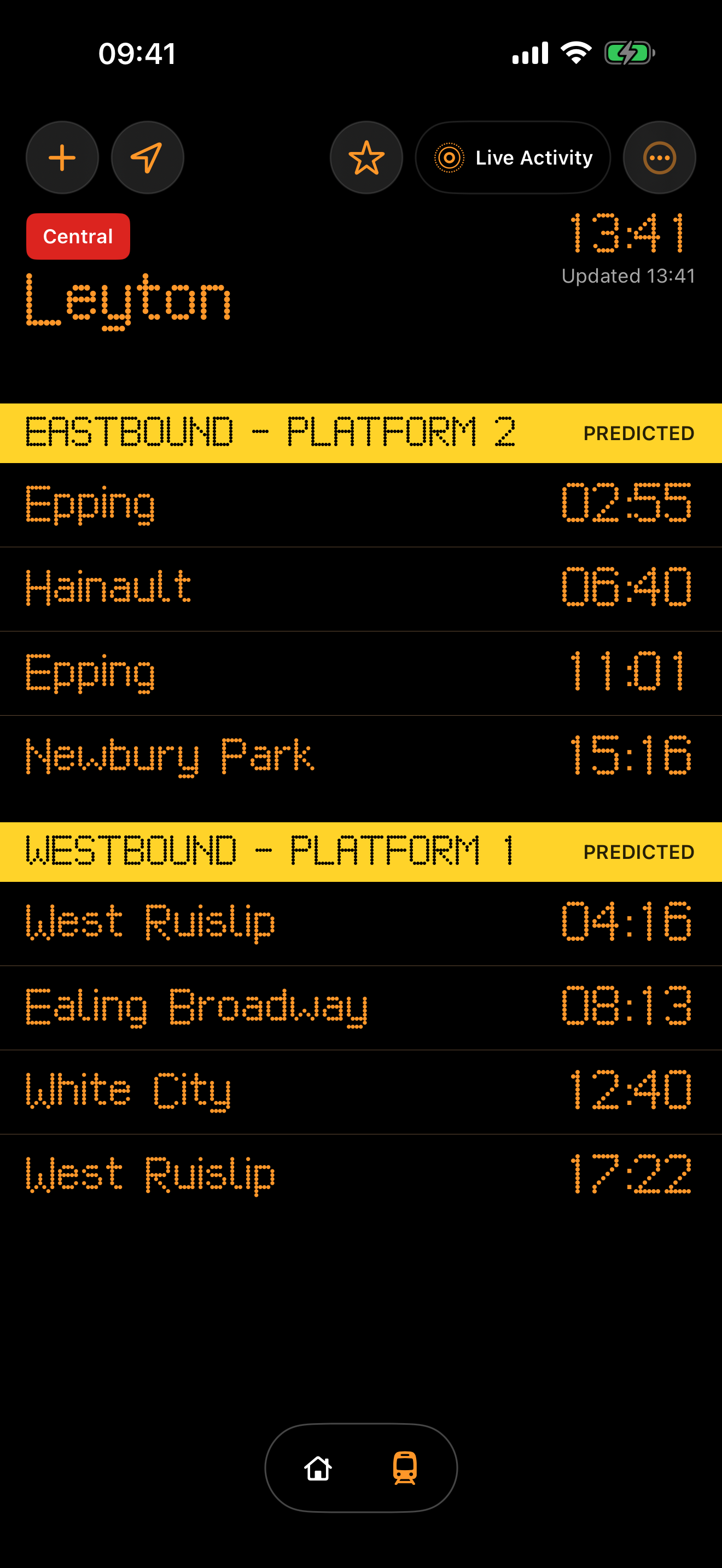 TubeBoard showing Central line departures at Leyton, grouped by eastbound and westbound platforms
