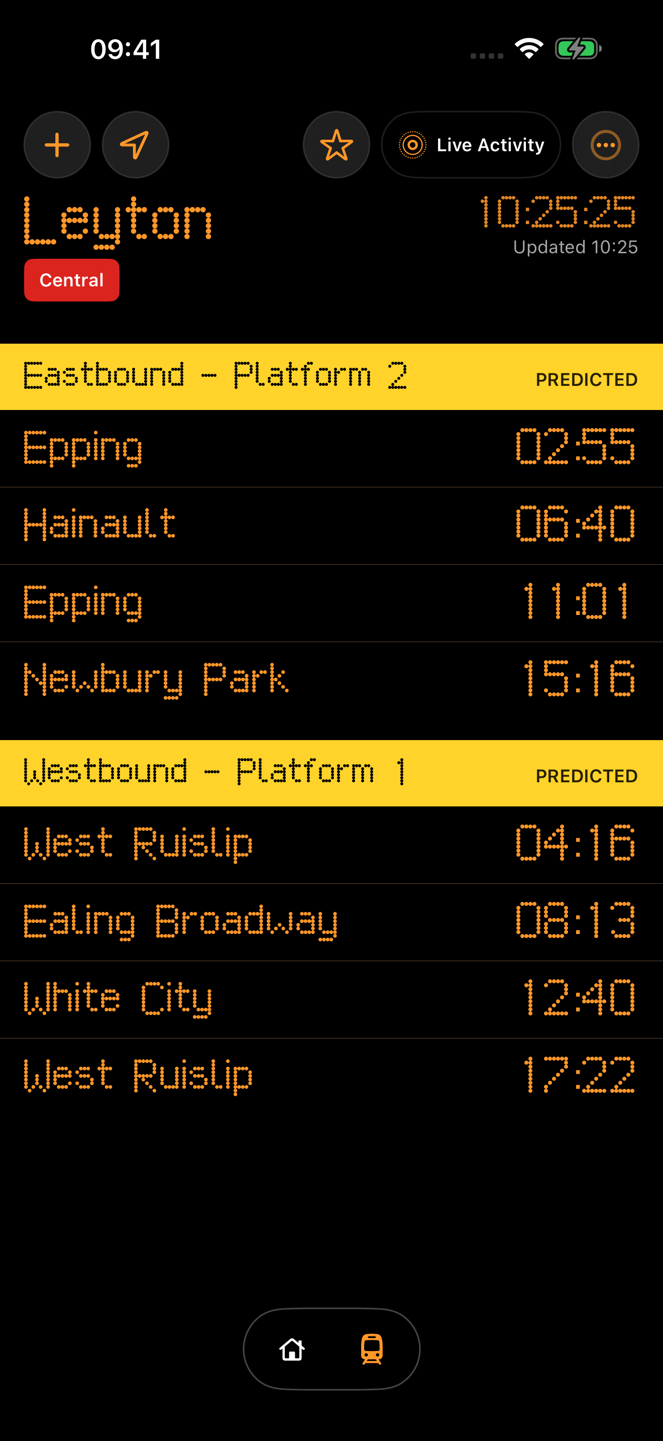 TubeBoard showing Central line departures at Leyton, grouped by eastbound and westbound platforms