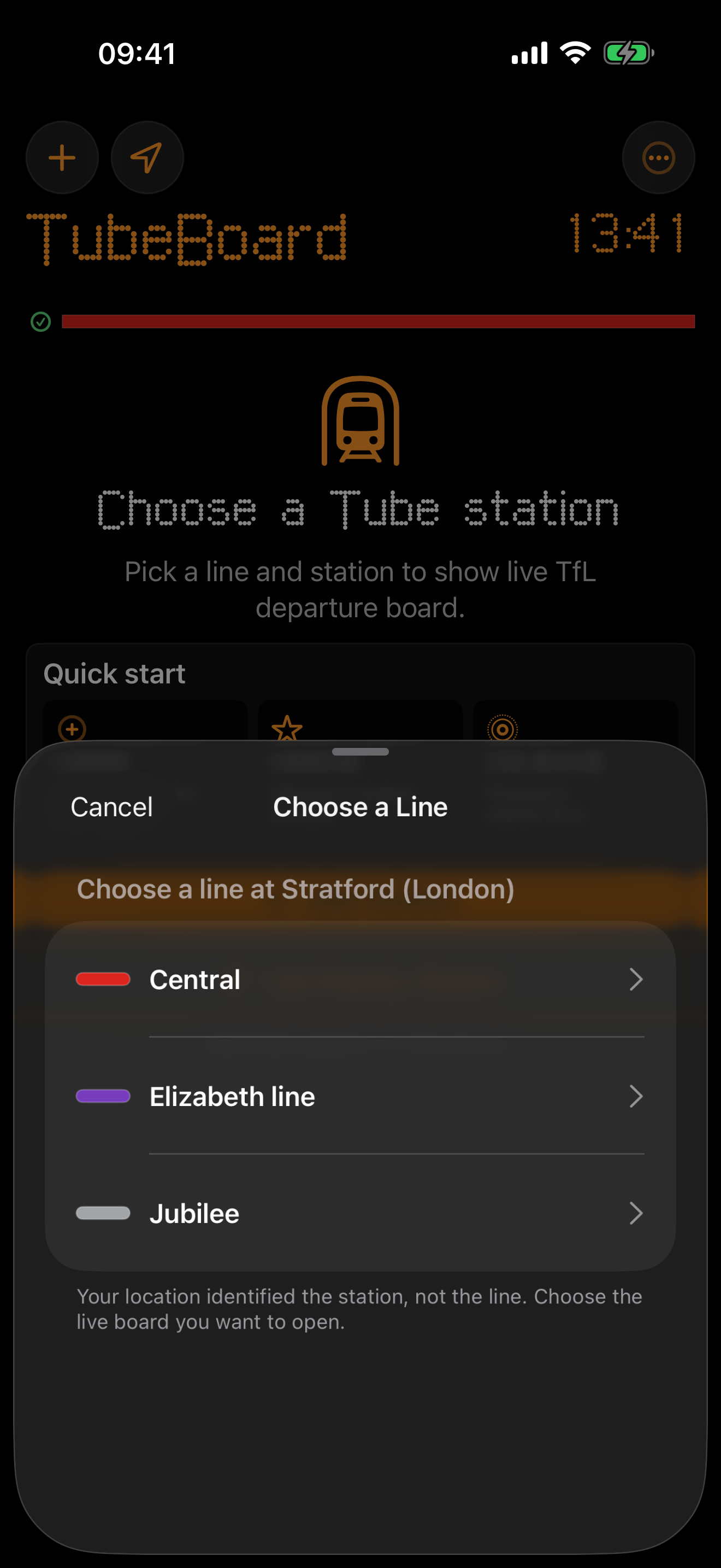 TubeBoard asking which line to open at Stratford, with Central, Elizabeth and Jubilee choices
