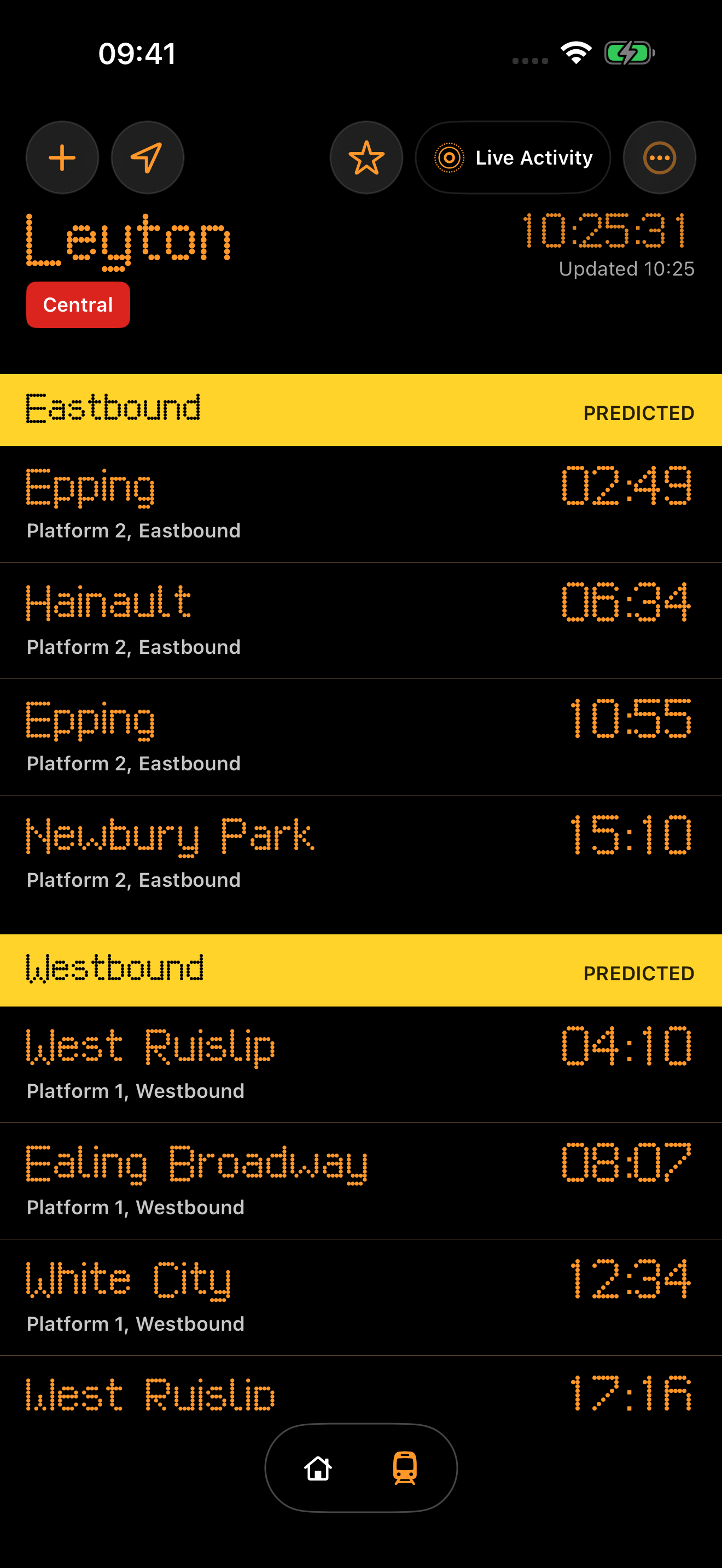 TubeBoard Next departures at Leyton, ordered within each direction with platform labels