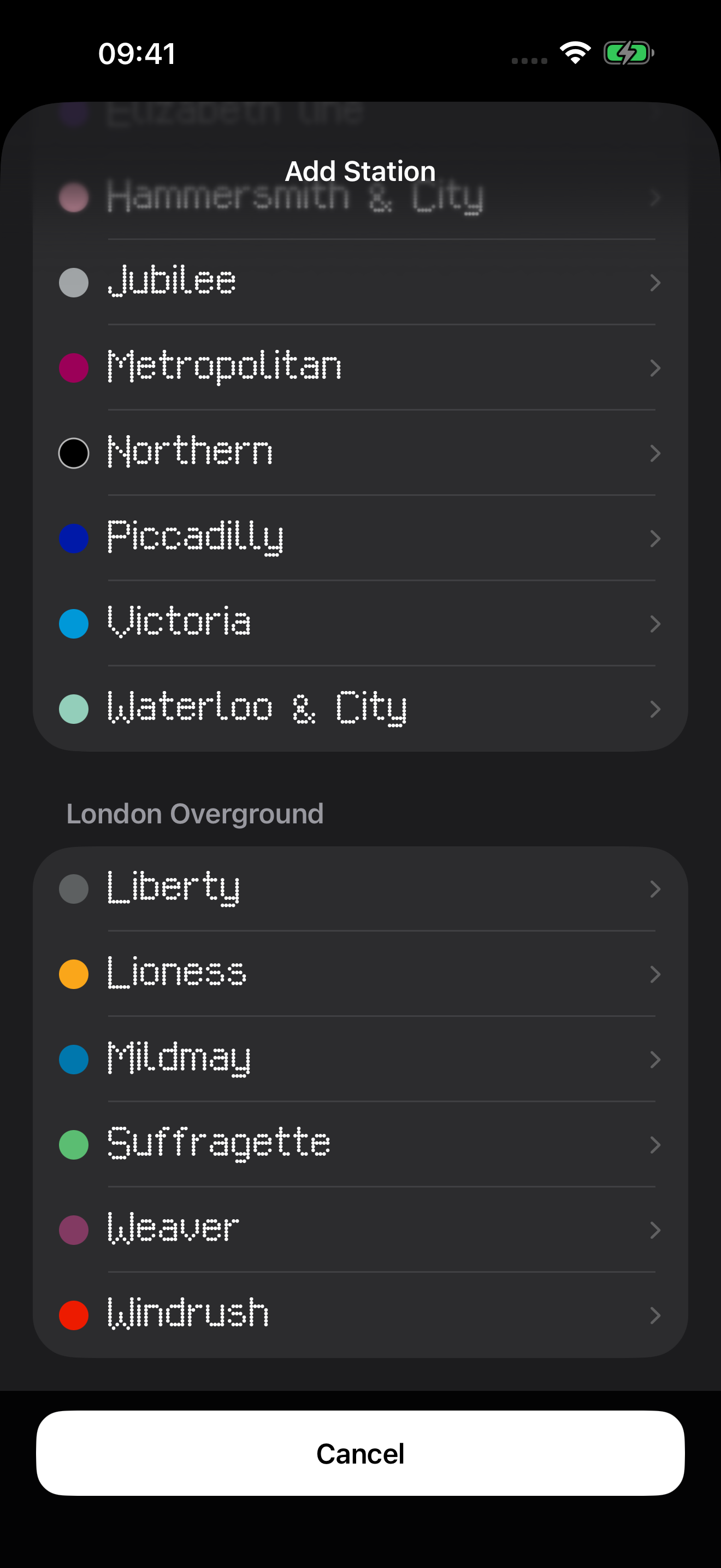 TubeBoard line picker showing all six named London Overground lines