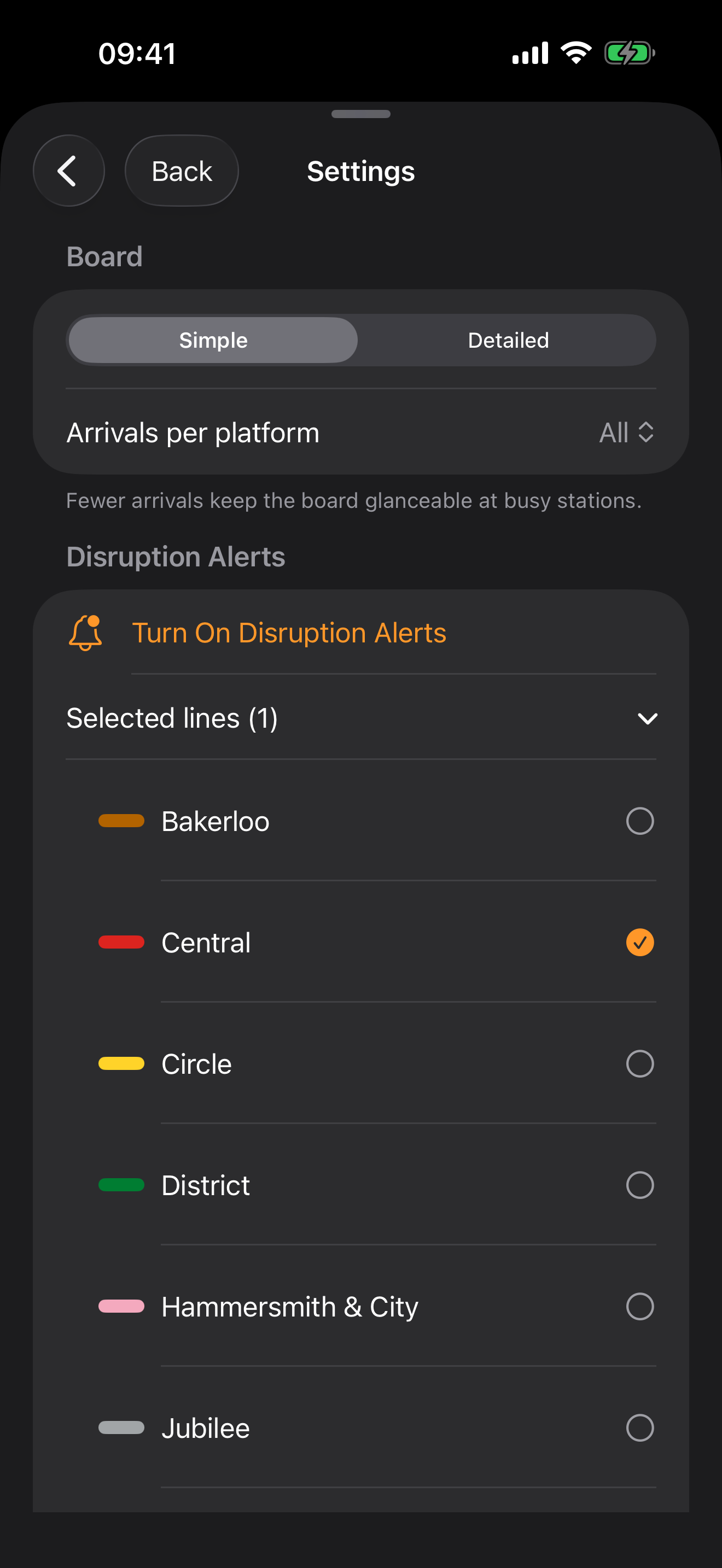 TubeBoard disruption alert settings with the Central line selected