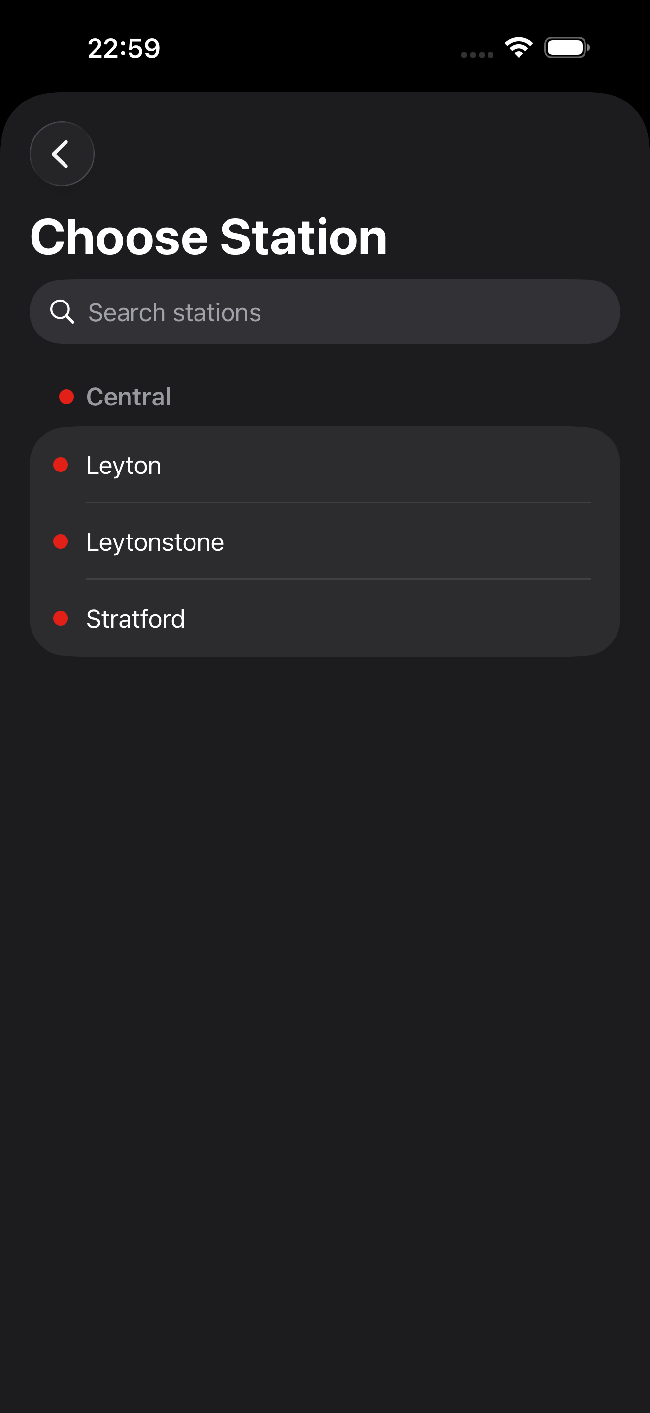 TubeBoard station picker showing a search for Leyton on the Central line