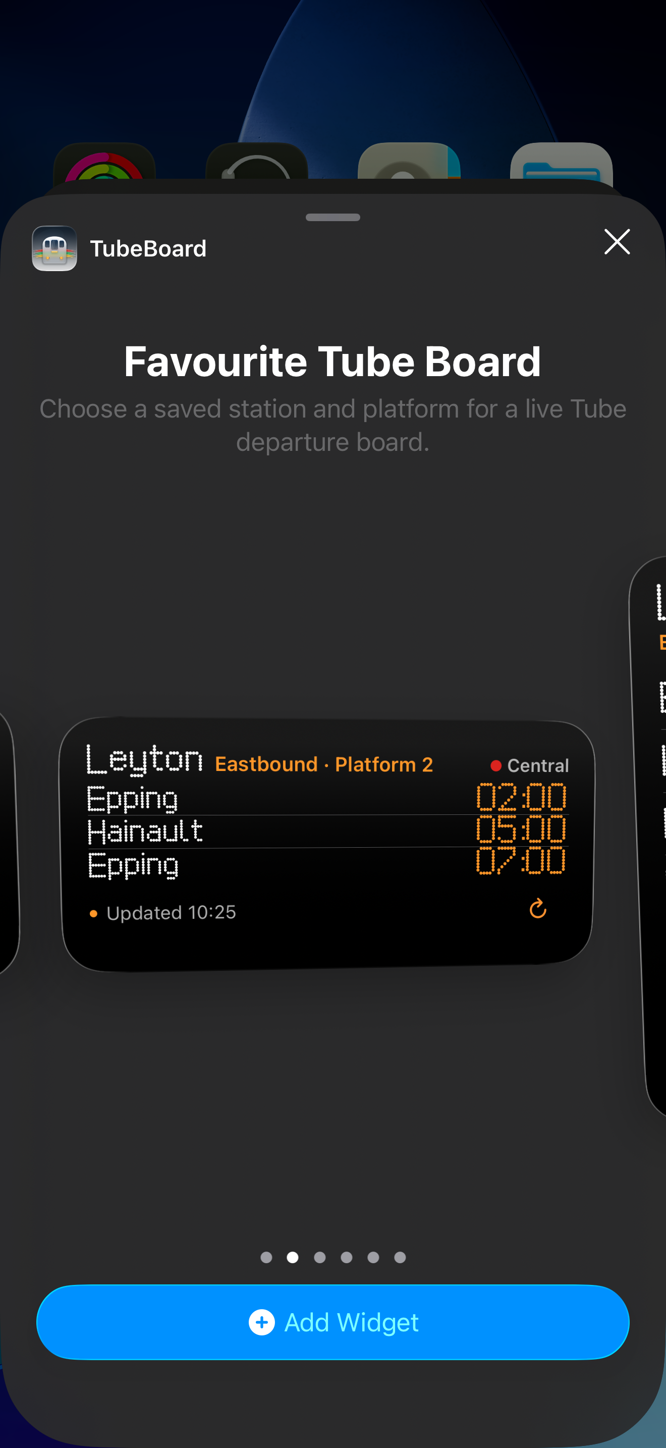 The iPhone widget gallery previewing a Favourite Tube Board widget for Leyton eastbound platform 2