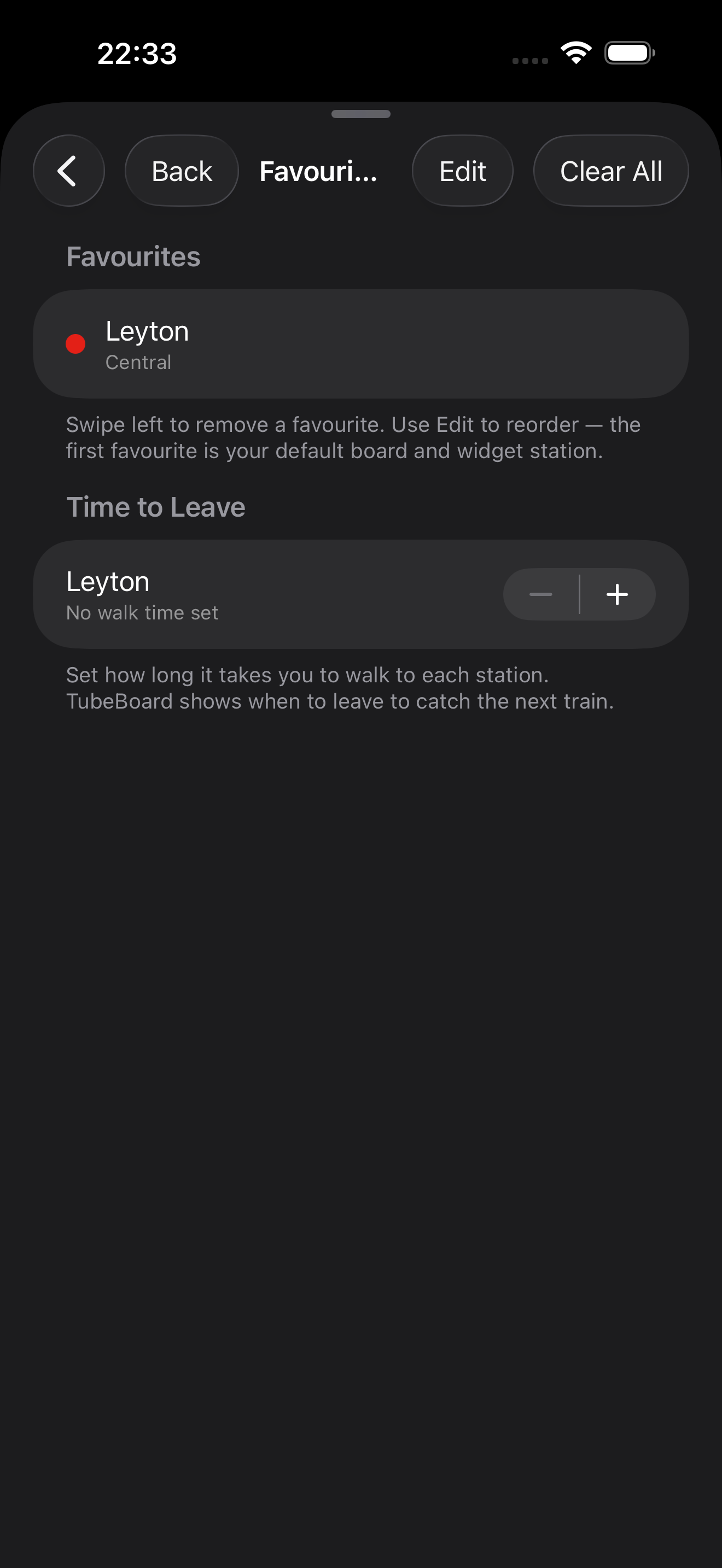 TubeBoard favourites settings with a Time to Leave walking time for Leyton station