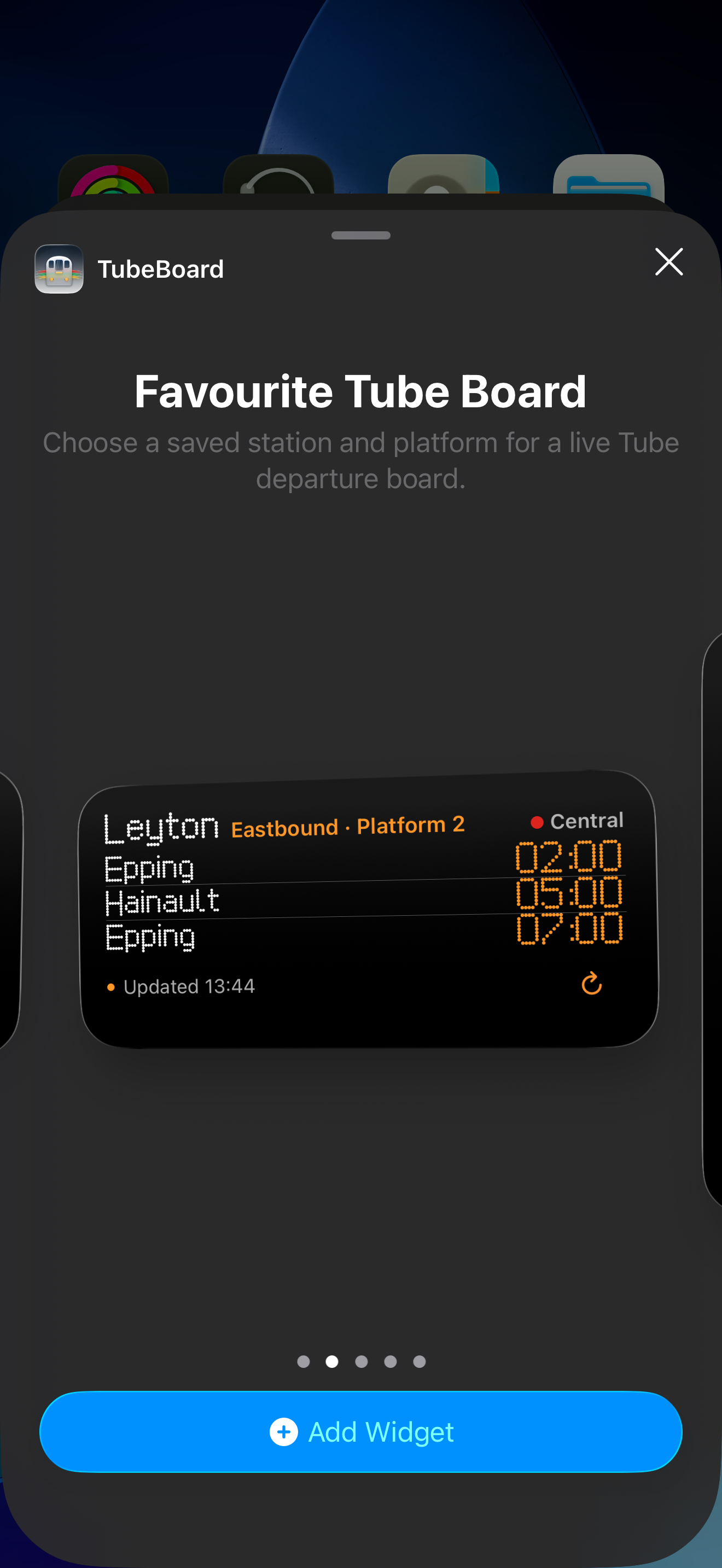 The iPhone widget gallery previewing a Favourite Tube Board widget for Leyton eastbound platform 2